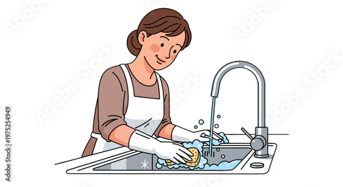 Woman washing dishes at kitchen sink with running water and soap