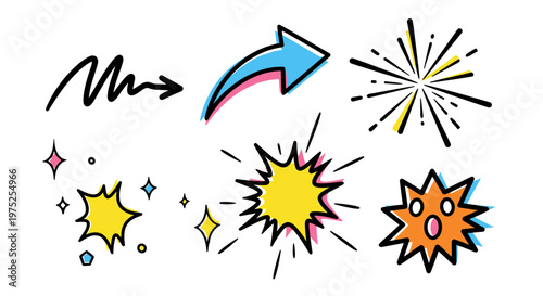 Collection of colorful comic style explosion and arrow illustrations