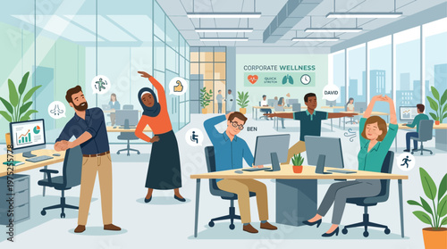 This flat design illustration shows office workers engaging in quick yoga stretches during a break, promoting corporate wellness and stress relief. A clean, modern graphic for professional health init