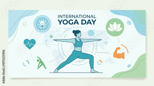 A flat design vector illustration depicting a yoga practitioner surrounded by icons representing numerous health benefits, such as heart health, mental clarity, and stress reduction. This clean, moder