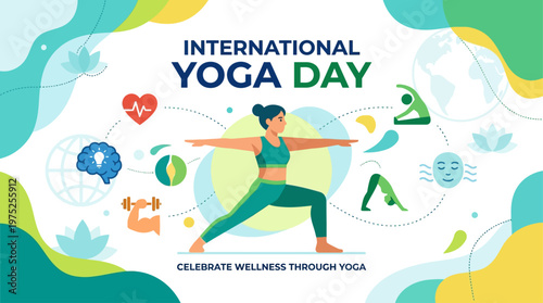 A flat design vector illustration depicting a yoga practitioner surrounded by icons representing numerous health benefits, such as heart health, mental clarity, and stress reduction. This clean, moder