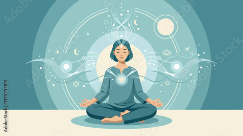 This flat design vector illustration captures the essence of mindfulness and inner peace achieved through yoga and meditation. A clean, modern graphic conveying serenity and mental well-being.
