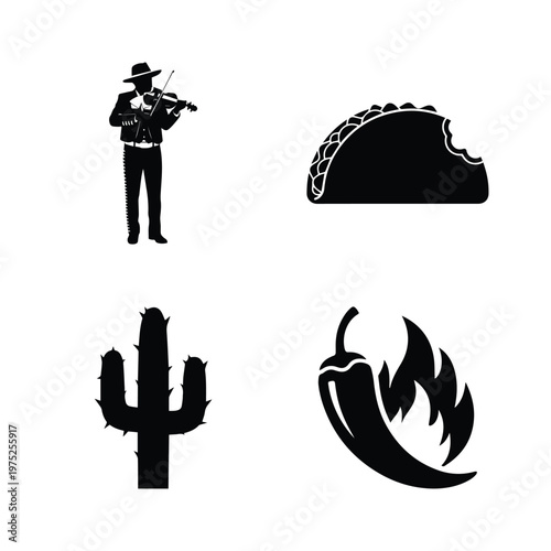 Set of black silhouettes representing mexican culture with mariachi violinist bitten taco cactus and spicy chili on fire