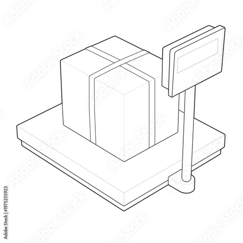 Isometric industrial floor scale with blank lcd screen and parcel linear drawing