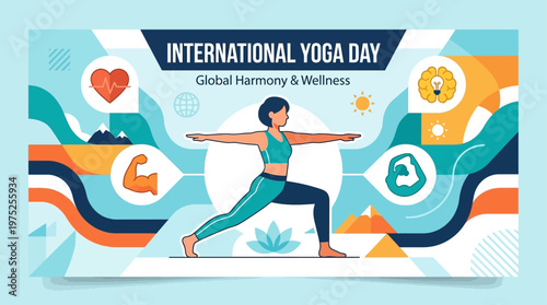 A vibrant flat design banner illustration celebrating International Yoga Day, featuring a meditative figure and abstract global elements. This clean, modern graphic is perfect for event promotions and