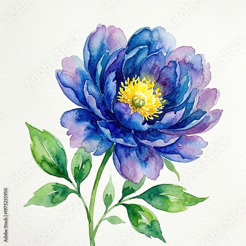 Vivid Blue Purple Flower Watercolor Painting with Green Leaves on White Background
