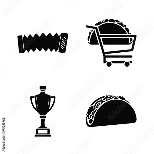 Set of four mexican culture and fast food icons with taco, accordion, trophy and shopping cart