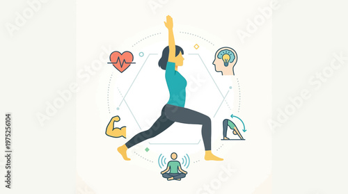 A flat design vector illustration depicting a yoga practitioner surrounded by icons representing numerous health benefits, such as heart health, mental clarity, and stress reduction. This clean, moder