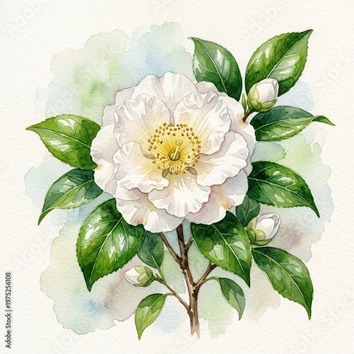 White Camellia Flower with Green Leaves on Watercolor Background for Botanical and Floral Design