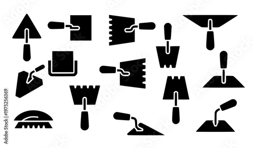  set of black and white icons depicting various trowels and tools