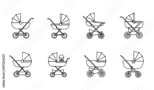 set of minimalist baby stroller illustrations in various positions