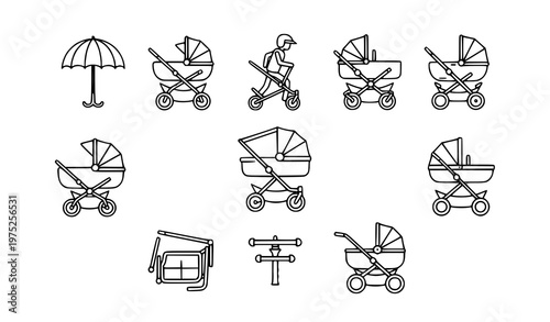  set of minimalist baby stroller and umbrella vector icons in black and white