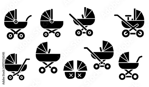 set of black baby stroller icons on a white background