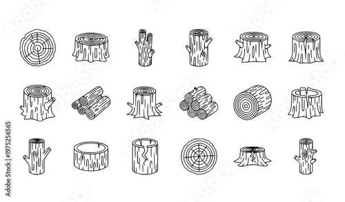  set of black and white tree stump illustrations in various styles