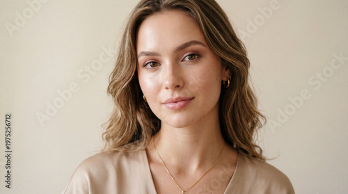 Close up portrait female young woman natural light casual clothing gold jewelry neutral background smiling beauty long hair relaxed expression