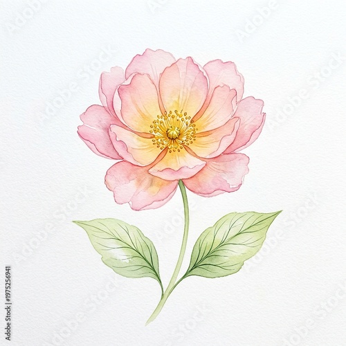 Watercolor Pink Flower with Green Leaves on White Background for Floral Art and Nature Decor