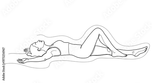 Woman Relaxing on Floor, Lying Down, Yoga Pose, Meditation, Wellness, Calmness, Single Line Drawing