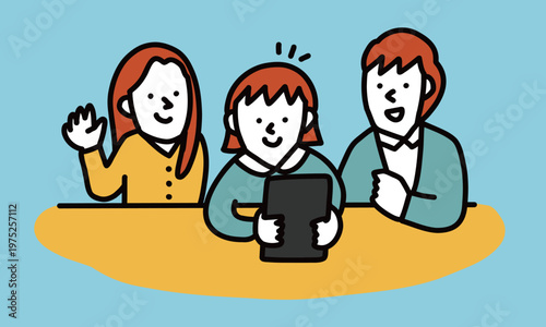 タブレットをプレゼントされる小学生・中学生と両親のイラスト