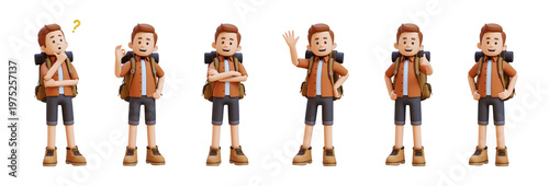 Cartoon hiker character set with backpack showing different poses like thinking. waving. and thumb