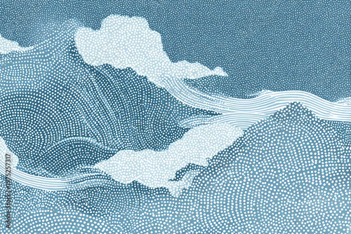 和モダンな抽象背景　藍色の点描による波と山の抽象テクスチャ