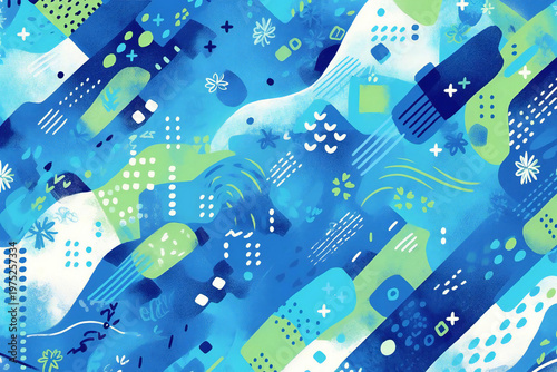 青と緑のダイナミックな抽象背景　流れるような水彩テクスチャと幾何学模様