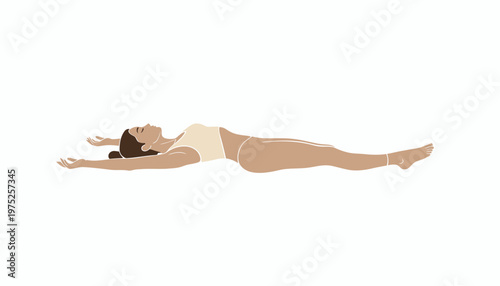 Woman lying down, arms outstretched, peaceful, relaxed, yoga pose, white background