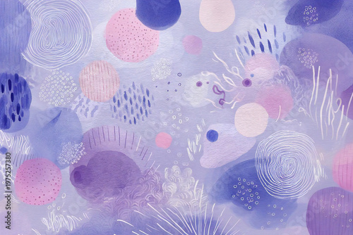 幻想的なラベンダーカラーの抽象背景　水彩の滲みと繊細なラインテクスチャ