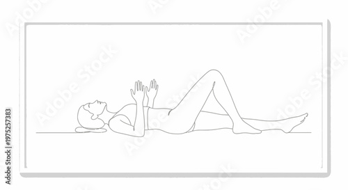 Woman lying on back, arms raised, hands open, head tilted back, minimalist line art