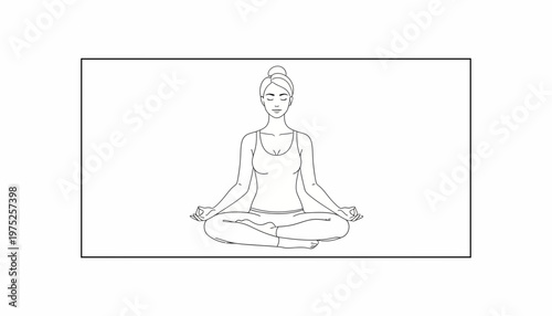 Woman Meditating in Lotus Pose, Yoga, Mindfulness, Serenity, Black and White Line Art