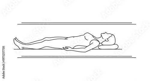 Woman lying down on a mattress with pillow, relaxed pose, minimalist line art illustration