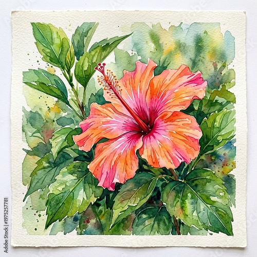 Vibrant Pink Orange Hibiscus Flower Surrounded by Green Leaves Watercolor Painting