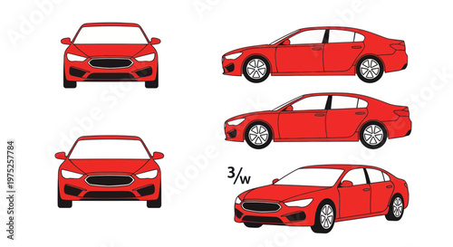 Red Sedan Car Views: Front, Side, and Angle - Vector Illustration