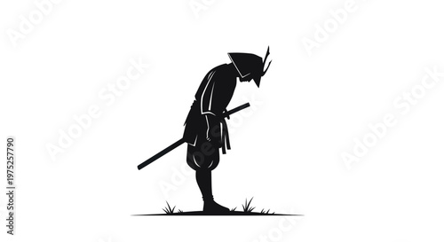 Silhouette of a bowing samurai warrior with sword, white background, traditional Japanese culture