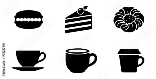 Bakery sweets and coffee shop drinks vector icon set with cake macaron and coffee cup designs