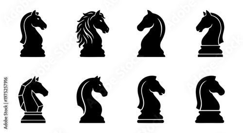 Black chess knight piece vector illustration set for board game strategy and design element needs