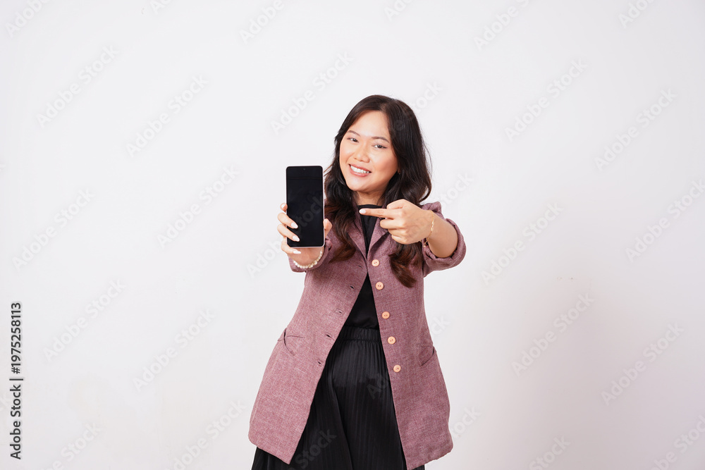 Naklejka premium Woman Pointing Finger at Mobile Phone Screen