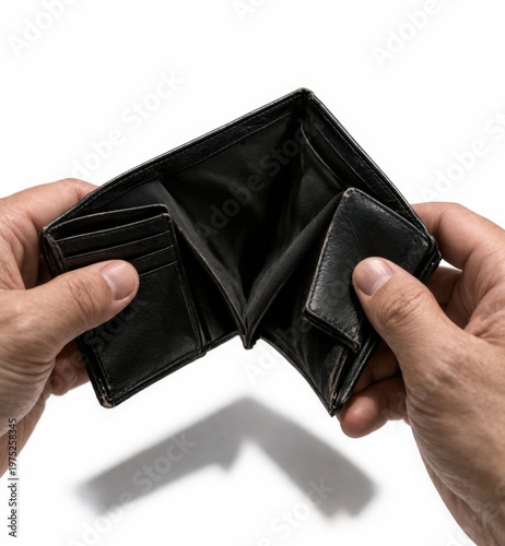 Close up of empty leather wallet held in hands isolated on white background. Concept of financial problems, poverty, debt, lack of money, economic crisis and personal budget stress.