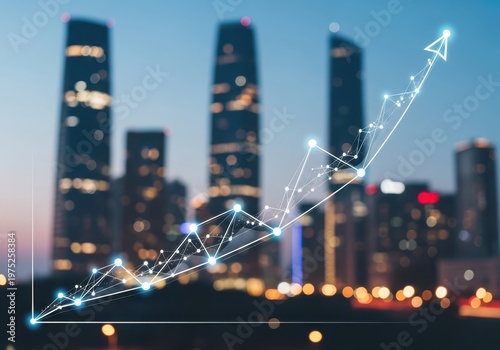 Network connections over city skyline with tall buildings