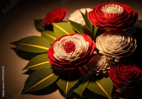 Beautiful red and white camellia flowers with green leaves
