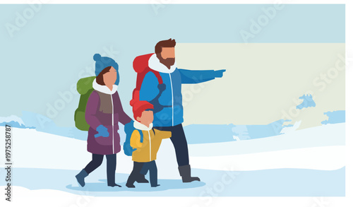 Family Hiking in Snow Winter Adventure Outdoor Vector Illustration
