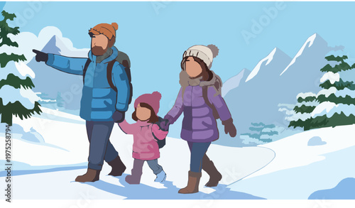 Winter Family Hiking Adventure Father Pointing Mountain Vector Illustration