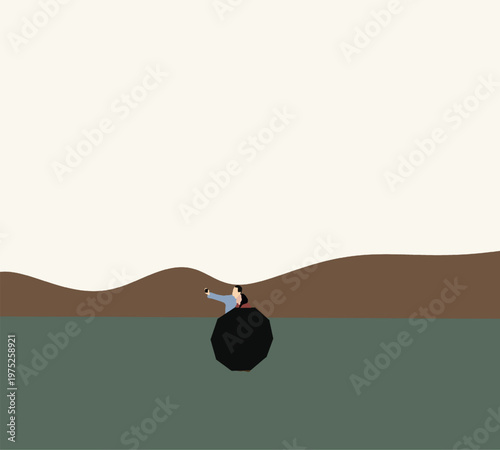 Couple selfie by smartphone behind umbrella with landscape mountain background. Travel in nature.  