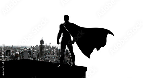 Superhero Silhouette on City Rooftop, Vigilant Watch Over Urban Landscape