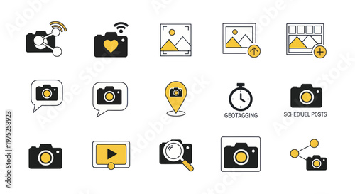 Social Media Icons: Camera, Geotagging, Schedule Posts, Photos, Video