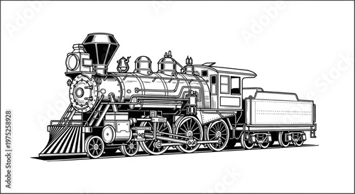 Vintage Steam Locomotive Illustration - Black and White