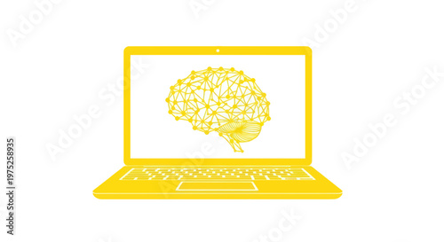 Yellow laptop displaying abstract geometric brain illustration on white background