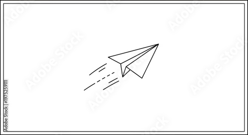 Origami paper airplane flying fast with motion lines, simple line art, isolated on white background