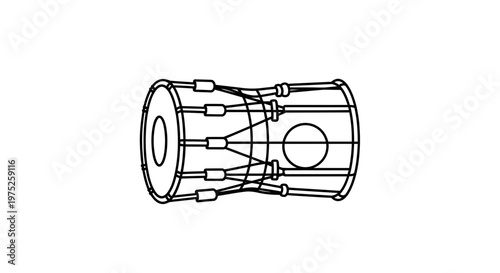 Outline Drawing of a Traditional Indian Dholak Drum, Percussion Instrument