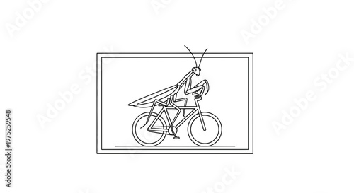 Praying Mantis Riding Bicycle Line Art
