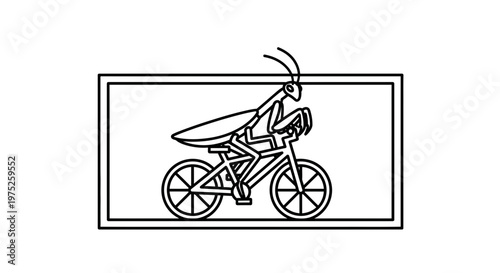 Praying Mantis Riding Bicycle Inside Frame - Line Art